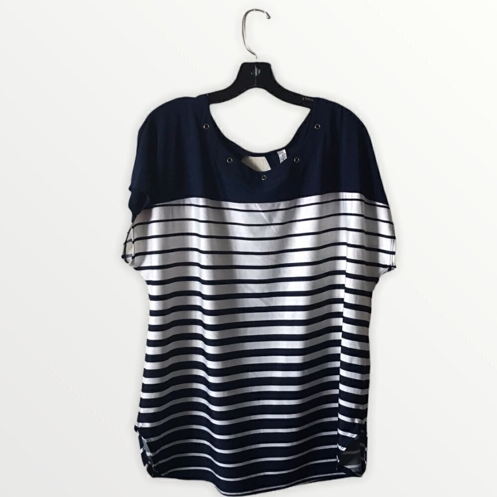 PerSeption Women White/Navy Cap Sleeve Blouse With Riveted Holes at Neckline
